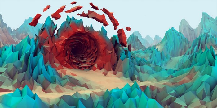 Low poly landscape with a swirling vortex