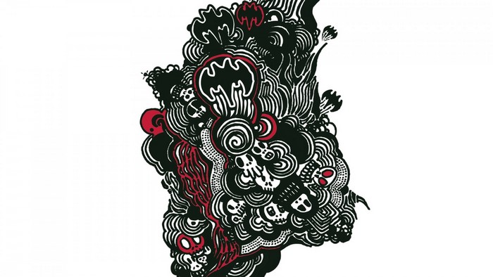Abstract drawing with Batman logo and skulls