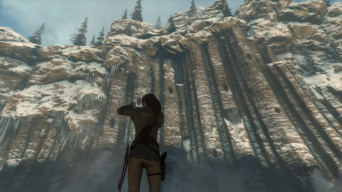 Lara Croft from Tomb Raider in a snowy mountain landscape