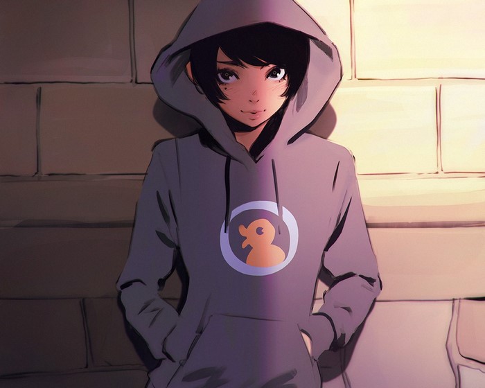 Anime girl with black hair wearing a hoodie