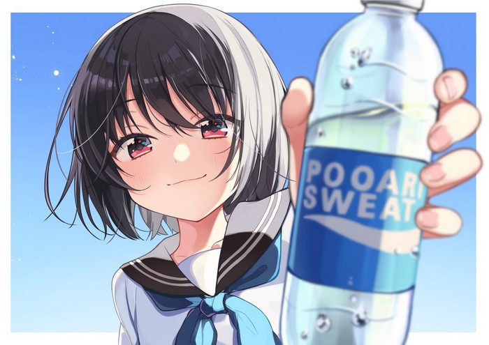 Anime girl in school uniform holding a bottle of Pocari Sweat