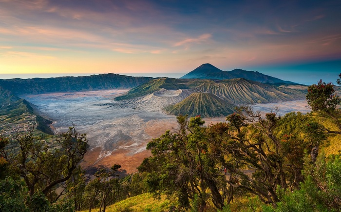Volcanic caldera landscape at sunrise