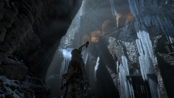Lara Croft from Tomb Raider in an ice cave
