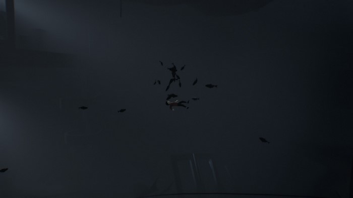 Figures falling in darkness