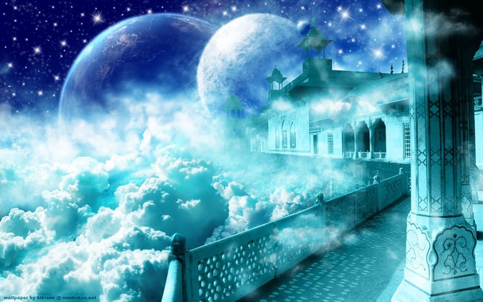Fantasy palace in the clouds with planets in the sky