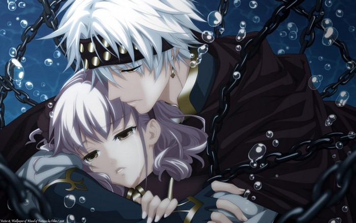 Anime couple with white hair and chains