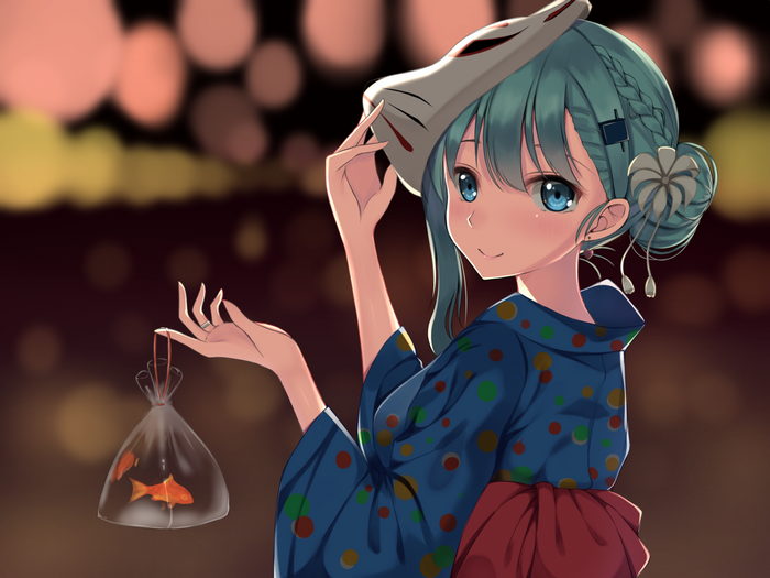 Anime girl in yukata holding a bag of goldfish