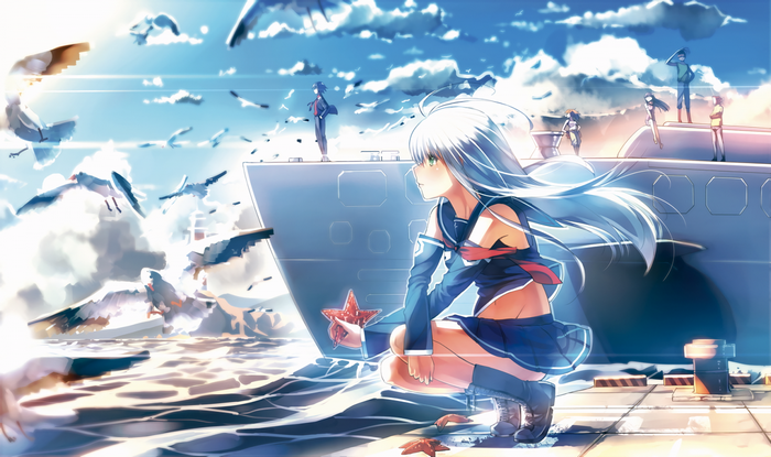 Iona from Aoki Hagane no Arpeggio on a ship with seagulls