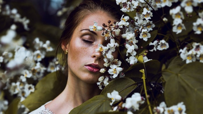 Face, Leaves, Women Outdoors, Women, Model, Flowers, Long Hair, Closed 