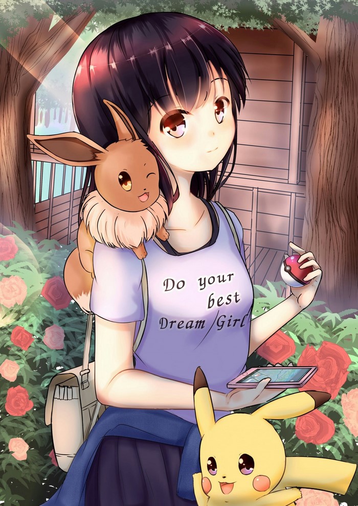 Anime Girl with Pikachu and Eevee in Garden