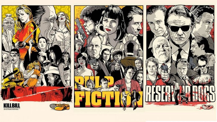 Kill Bill, Pulp Fiction, and Reservoir Dogs movie posters collage