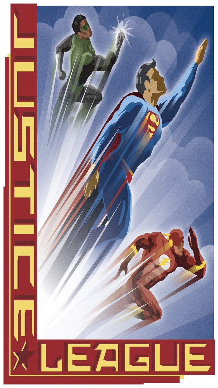 Justice League: Superman, Flash, and Green Lantern flying