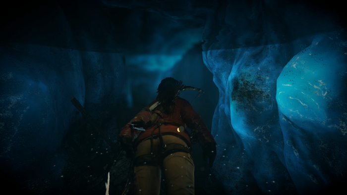 Lara Croft in an ice cave in Rise of the Tomb Raider