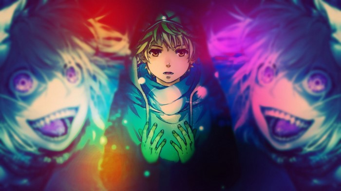 Anime boy with glowing hands and monstrous figures