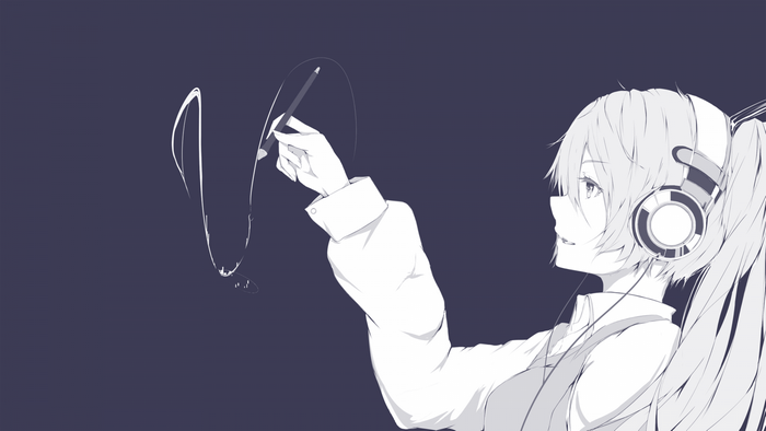 Anime girl with headphones drawing with a stylus