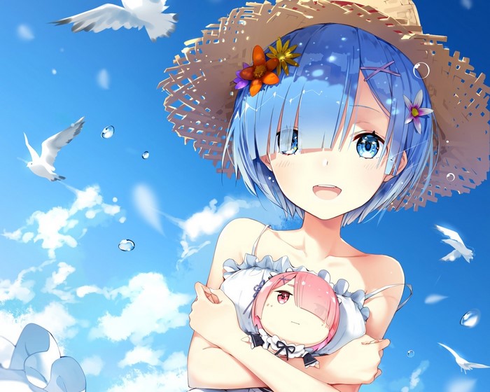 Rem from Re:Zero holding Ram plushie