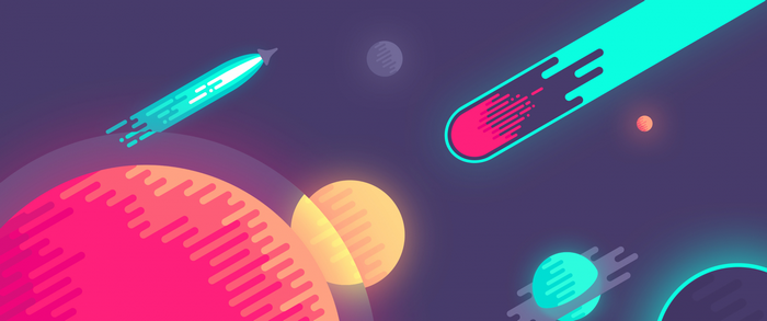 Abstract space illustration with planets and a rocket