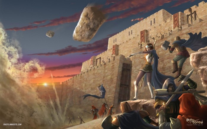 Fantasy battle scene with siege weapons and characters