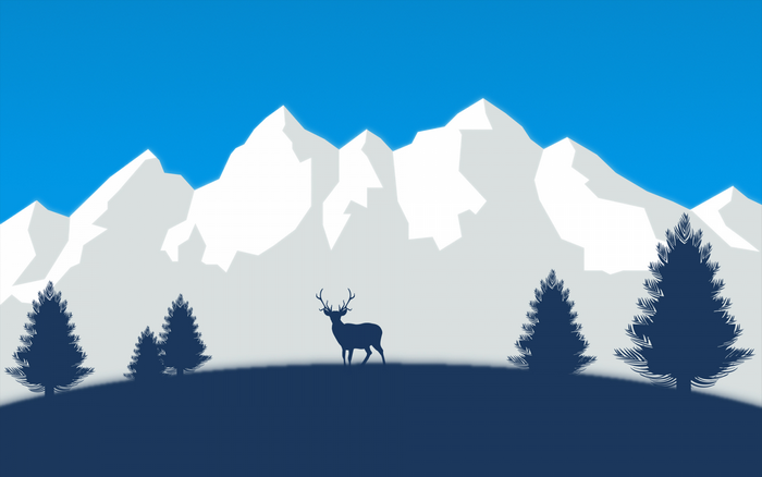Illustration of a deer in front of snow-capped mountains and pine trees