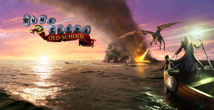 Runescape Old School logo with dragon and wizard in boat