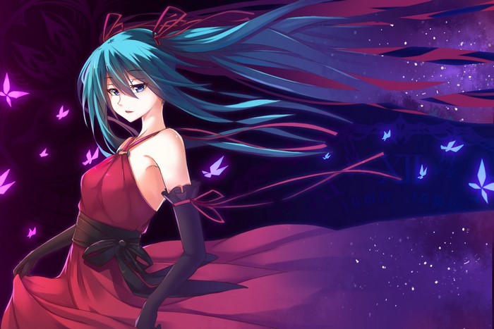Hatsune Miku from Vocaloid in a red dress with blue hair