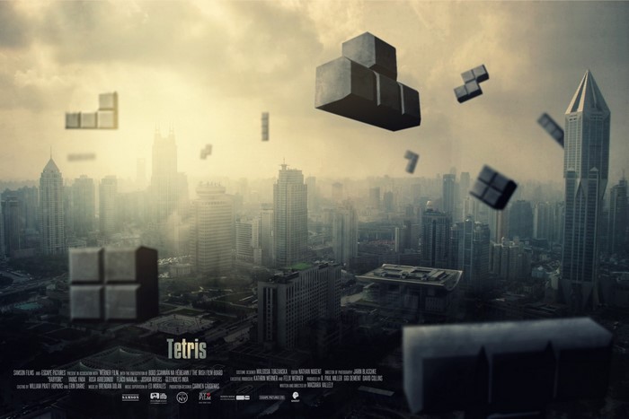 Tetris blocks falling over a foggy cityscape