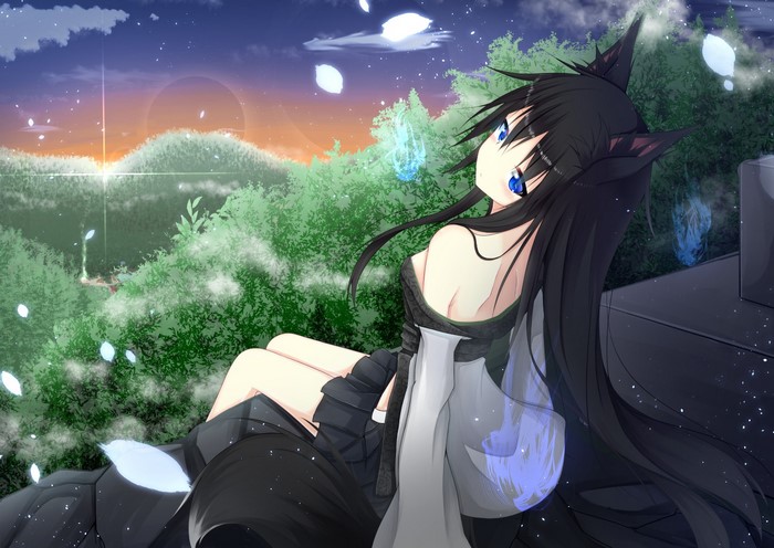 Anime girl with black hair and blue eyes in a forest at sunset
