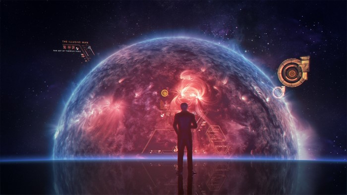 The Illusive Man from Mass Effect in front of a planet
