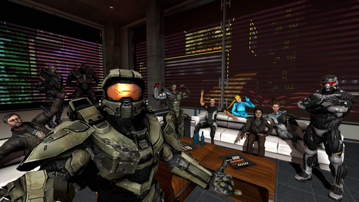 Master Chief and other characters in a room