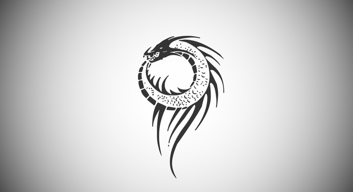 Monochrome illustration of a stylized dragon