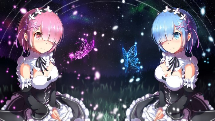 Ram and Rem from Re:Zero with glowing butterflies
