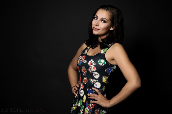 Woman in Mario-themed dress