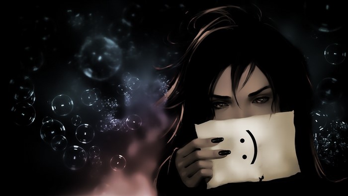 Anime girl with dark hair holding a smiley face note