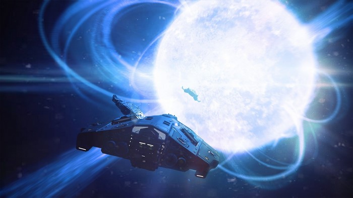 Elite Dangerous spaceship near a bright star