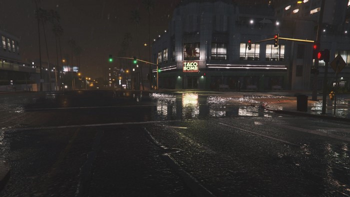 Taco Bomb street at night in the rain, Grand Theft Auto V