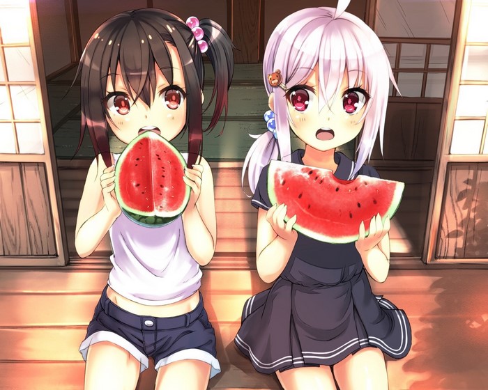 Two anime girls eating watermelon