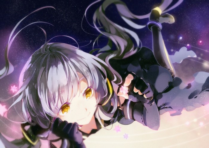 Anime girl with gray twintails and yellow eyes
