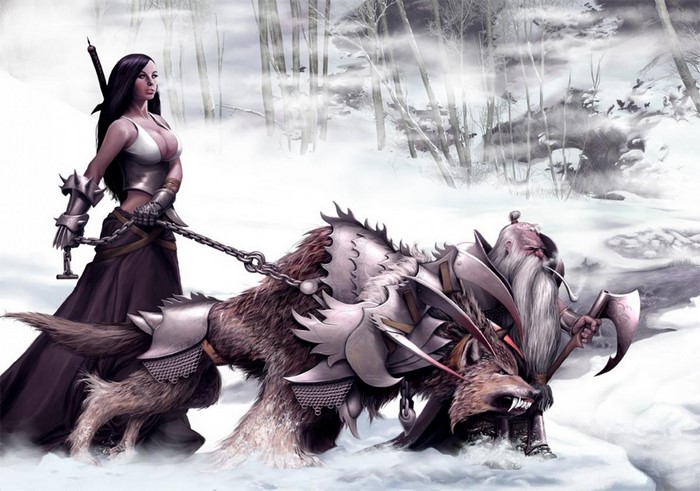 Warrior woman and dwarf with wolf in snowy forest
