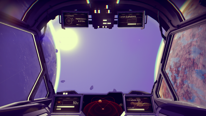 Cockpit view of a spaceship in No Man's Sky