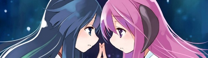 Two anime girls with dark blue and pink hair facing each other