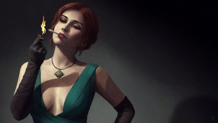 Triss Merigold from The Witcher 3 Wild Hunt lighting a cigarette