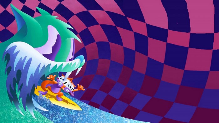 Illustration of a character surfing on a wave with a checkered background