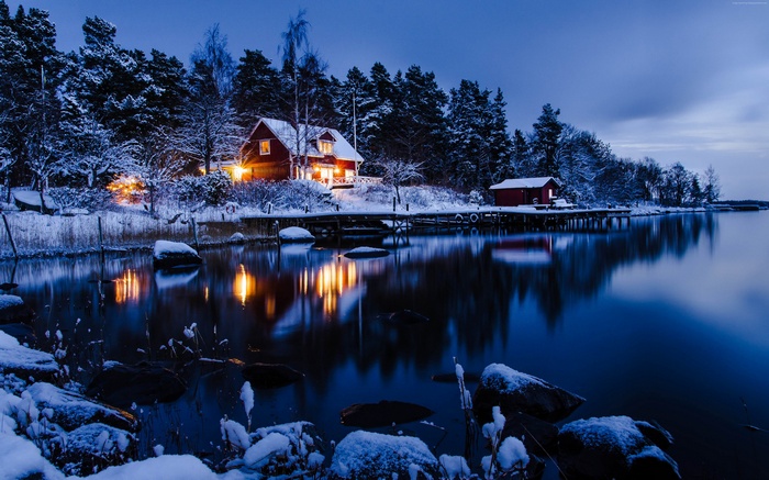 Winter house by a lake with snow-covered trees