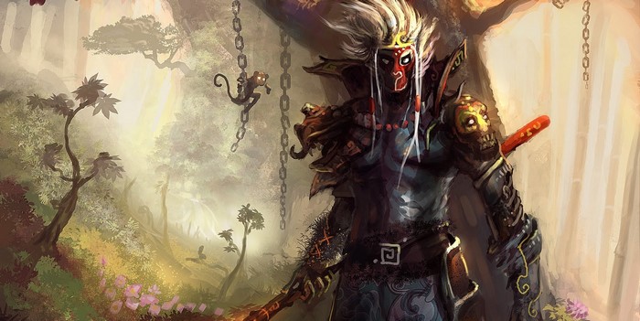 Warrior with mask and sword in a jungle with chains and monkey