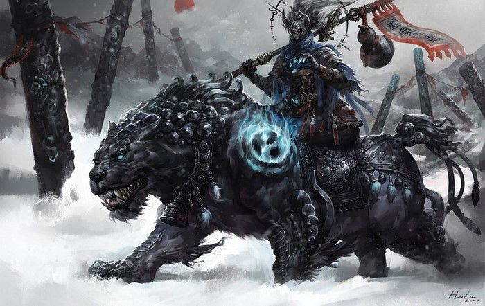 Warrior riding a black beast in a snowy landscape