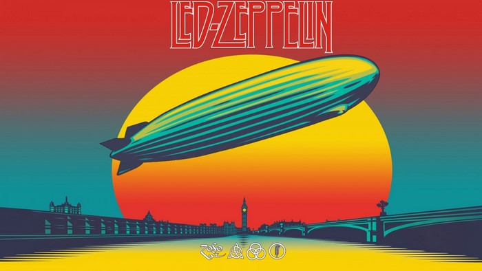 Led Zeppelin album cover illustration with airship over London