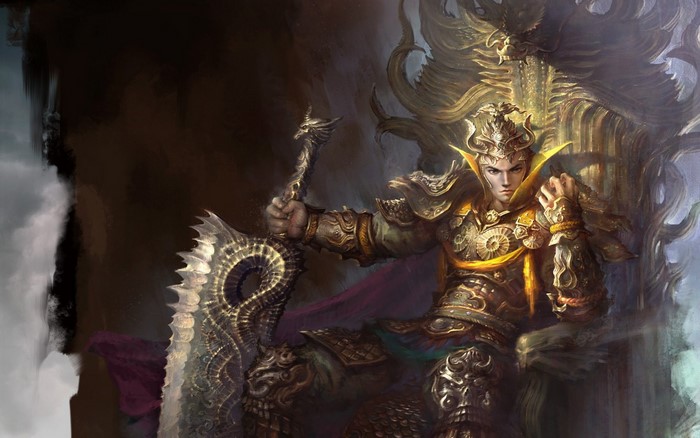 Warrior in ornate armor sitting on a throne with a sword
