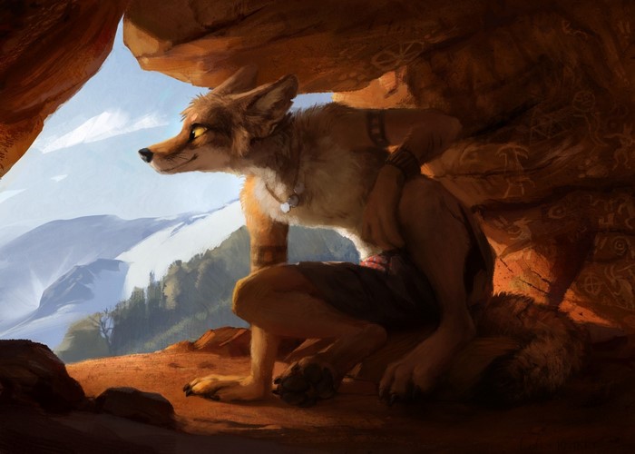 Anthro Dog-like Mammal in Mythical Cave