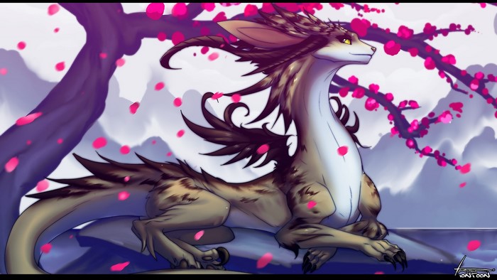 Anime dragon with pink blossoms and mountains
