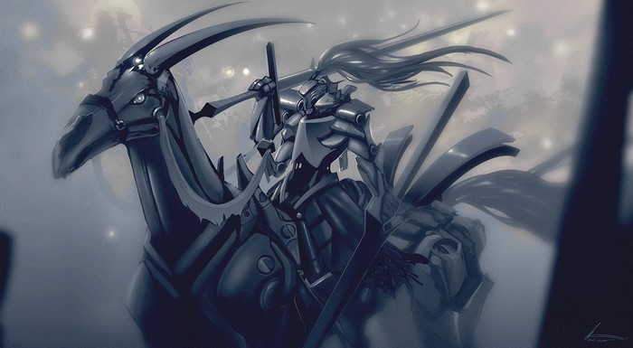 Futuristic armored warrior on a mechanical horse
